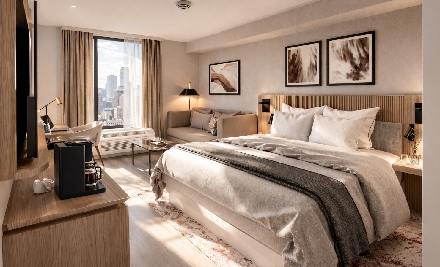 A modern hotel room is furnished with a bed, desk, coffee maker, and sofa, bathed in natural light, offering a city skyline view from a large window.