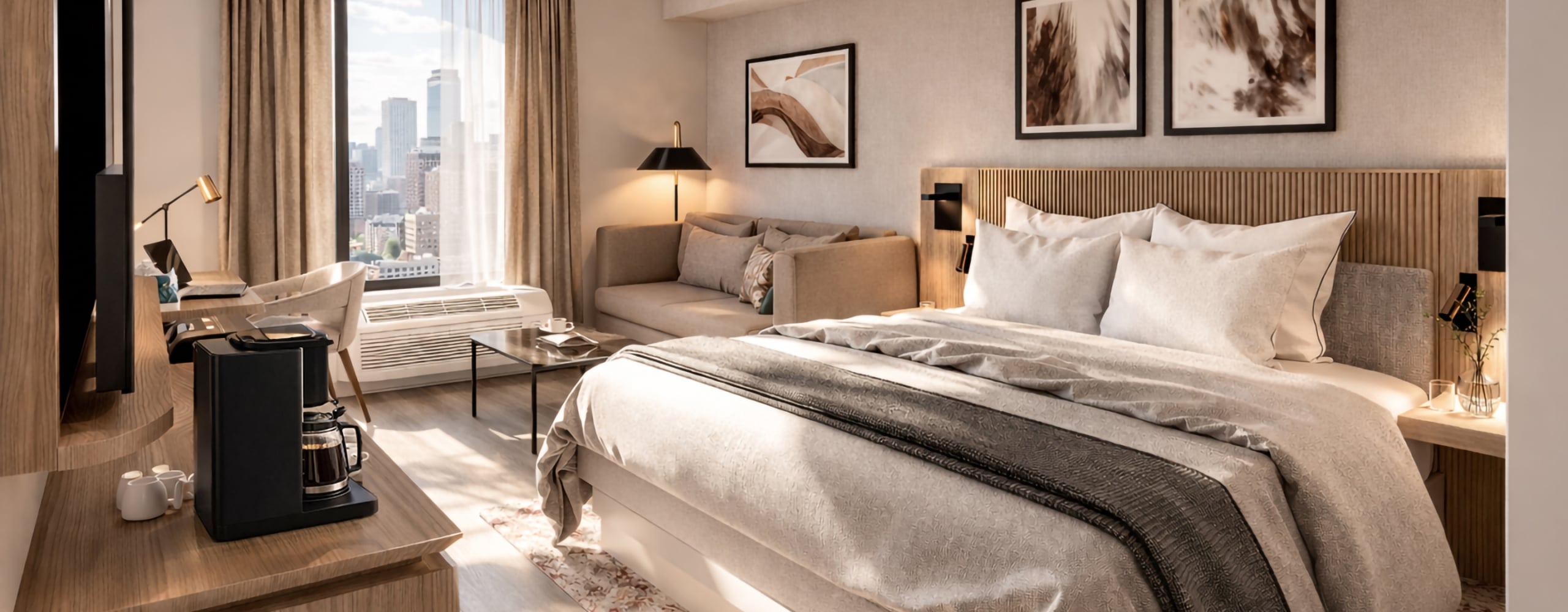 A modern hotel room is furnished with a bed, desk, coffee maker, and sofa, bathed in natural light, offering a city skyline view from a large window.