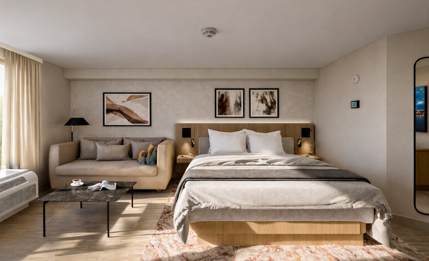 A neatly made bed and beige sofa furnish a modern hotel room. The bed has white pillows and a textured rug lies underneath. A wall display shows "25°".