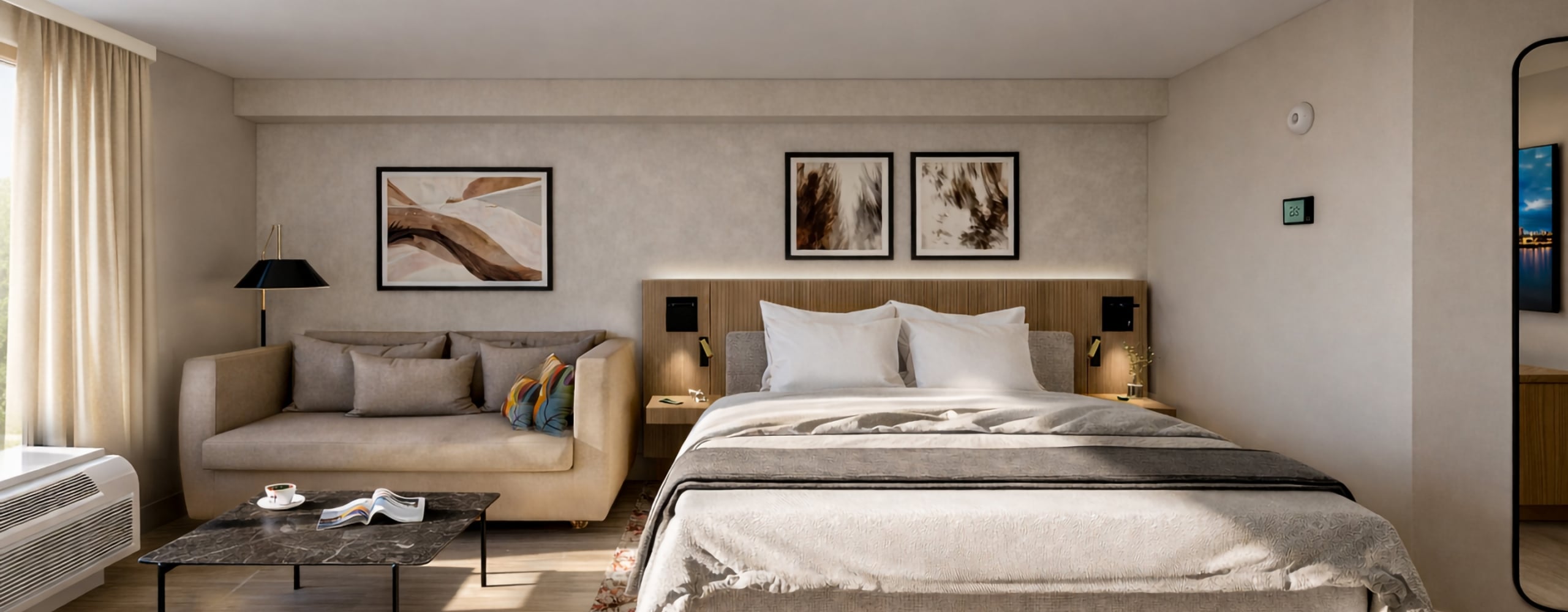 A neatly made bed and beige sofa furnish a modern hotel room. The bed has white pillows and a textured rug lies underneath. A wall display shows "25°".