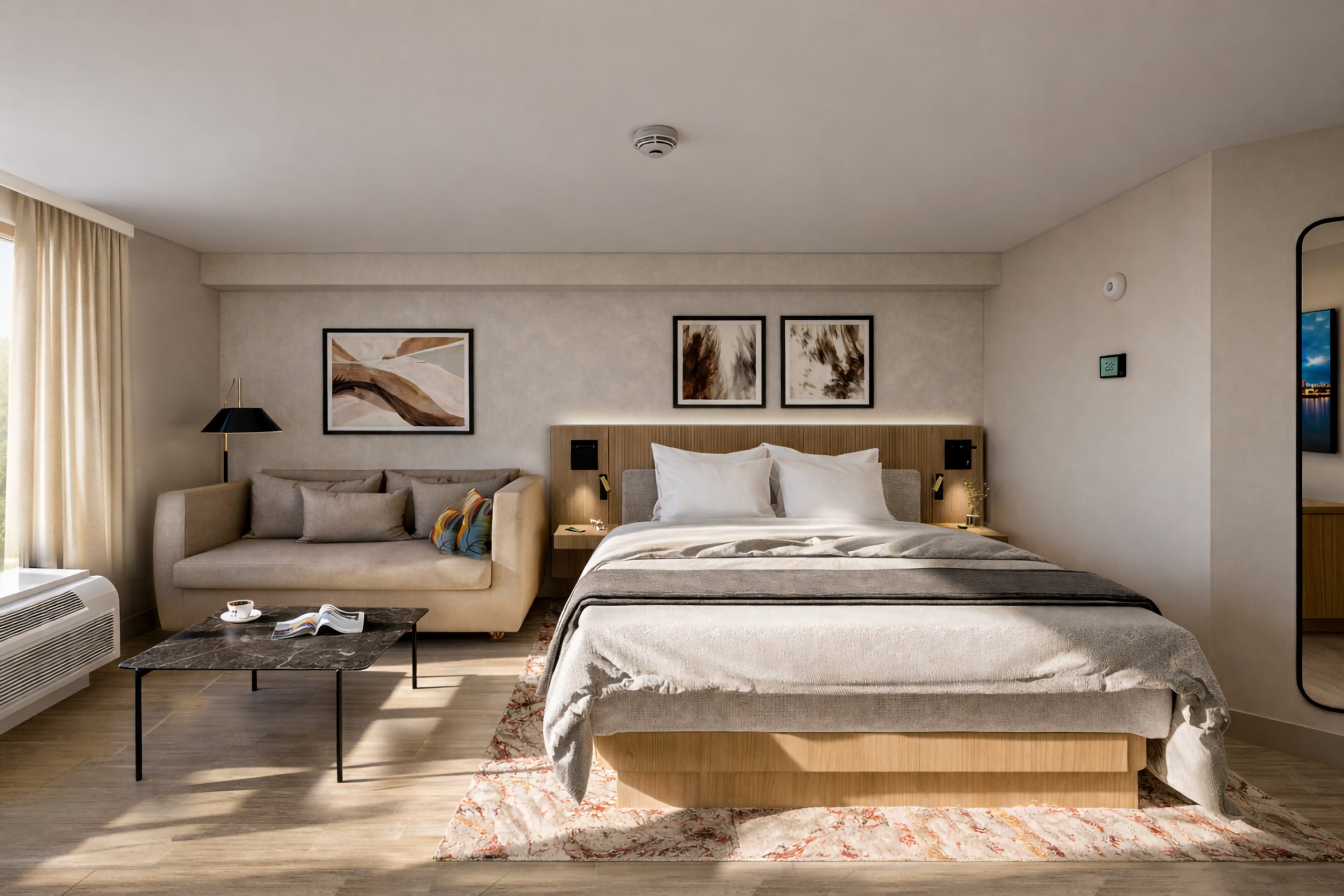 A neatly made bed and beige sofa furnish a modern hotel room. The bed has white pillows and a textured rug lies underneath. A wall display shows "25°".