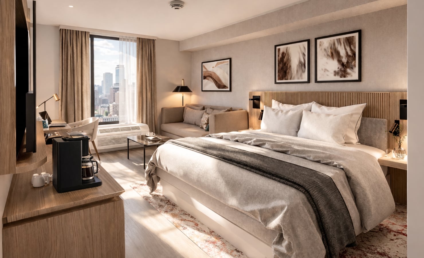 A modern hotel room, brightly lit by natural light, features a bed, sofa, desk with laptop, coffee maker, and cityscape views from a large window.
