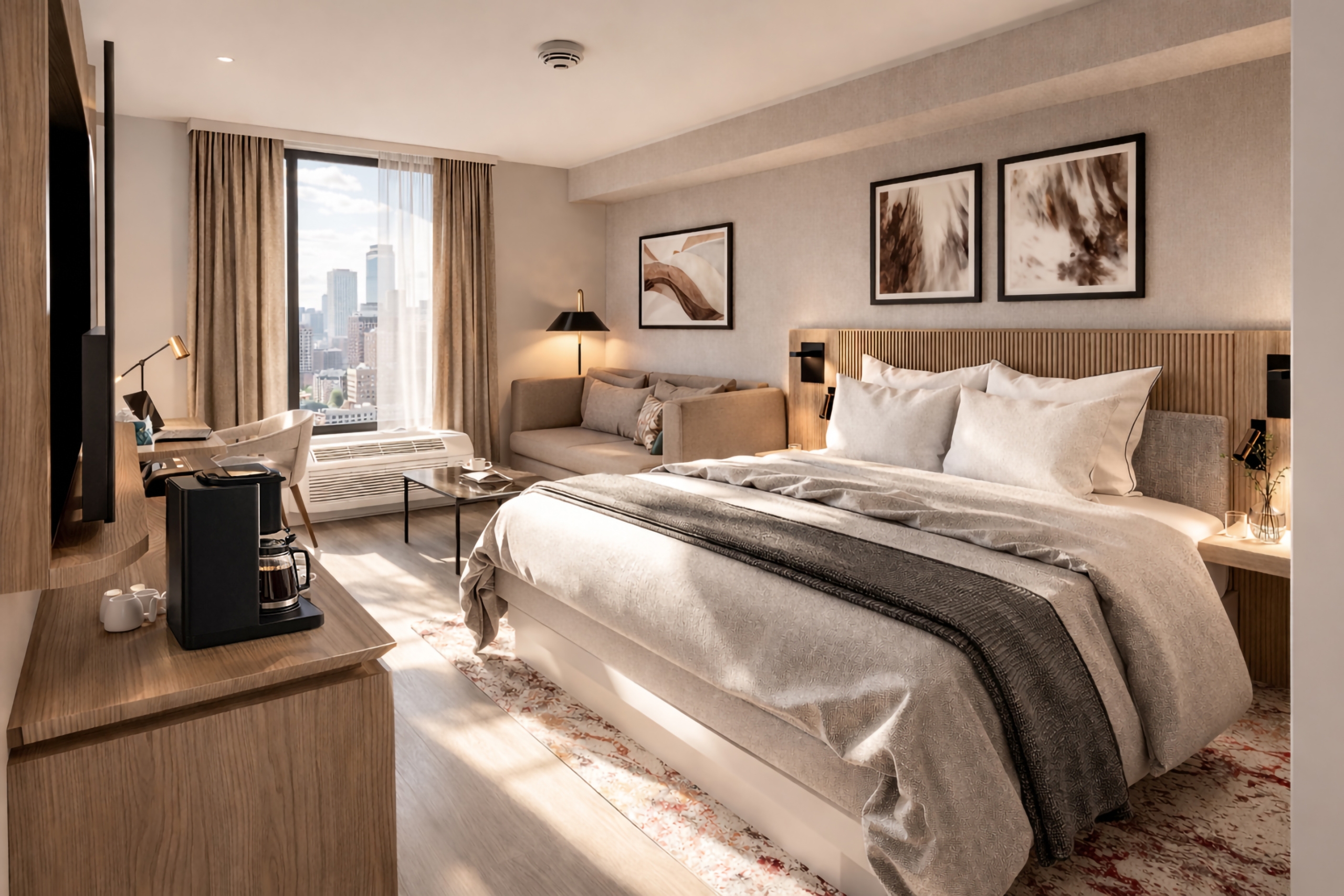 A modern hotel room, brightly lit by natural light, features a bed, sofa, desk with laptop, coffee maker, and cityscape views from a large window.