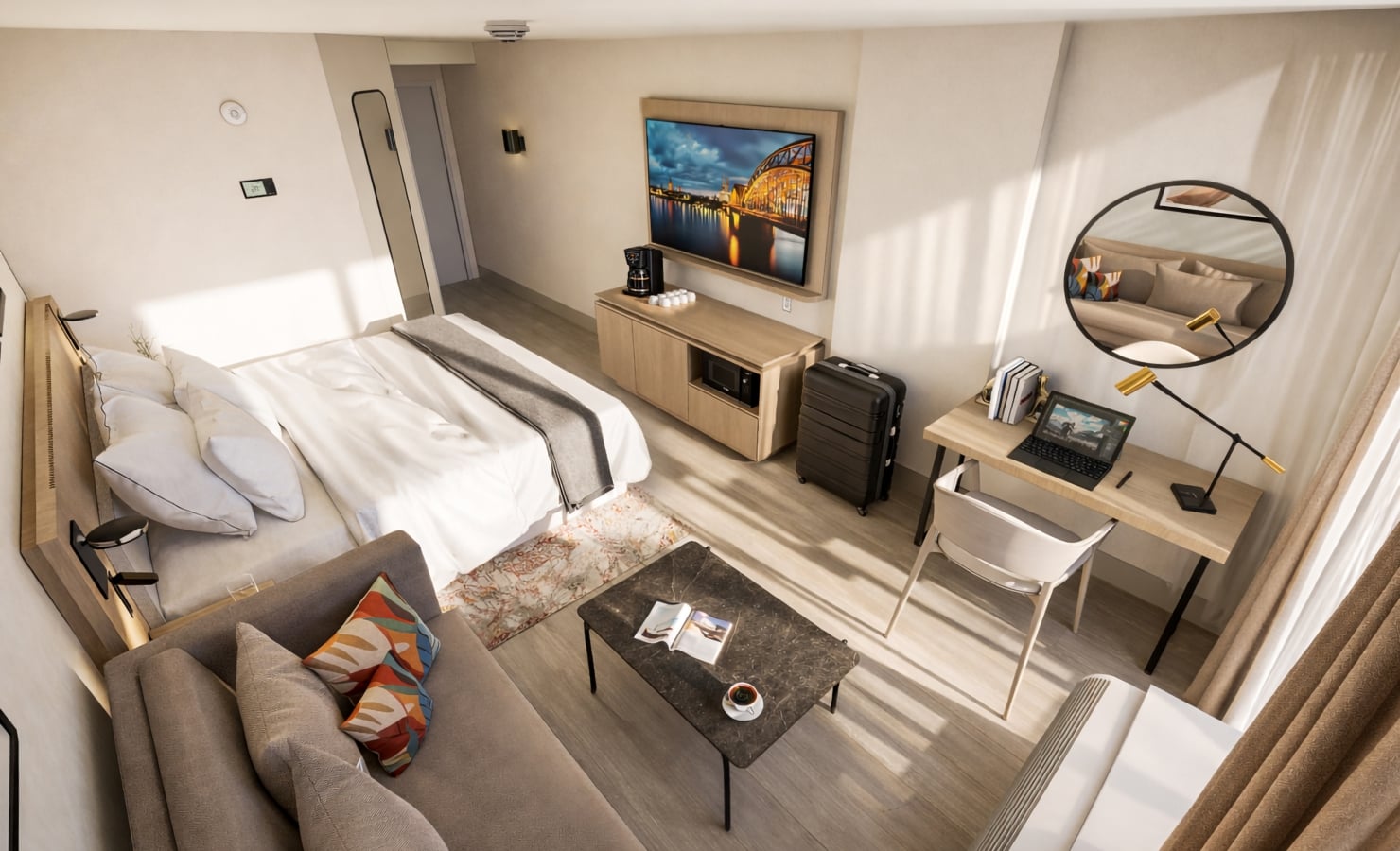A modern hotel room features a bed, sofa, workstation with laptop, and TV showing a night bridge. Sunlight fills light wood and white walls; a thermostat reads "20".