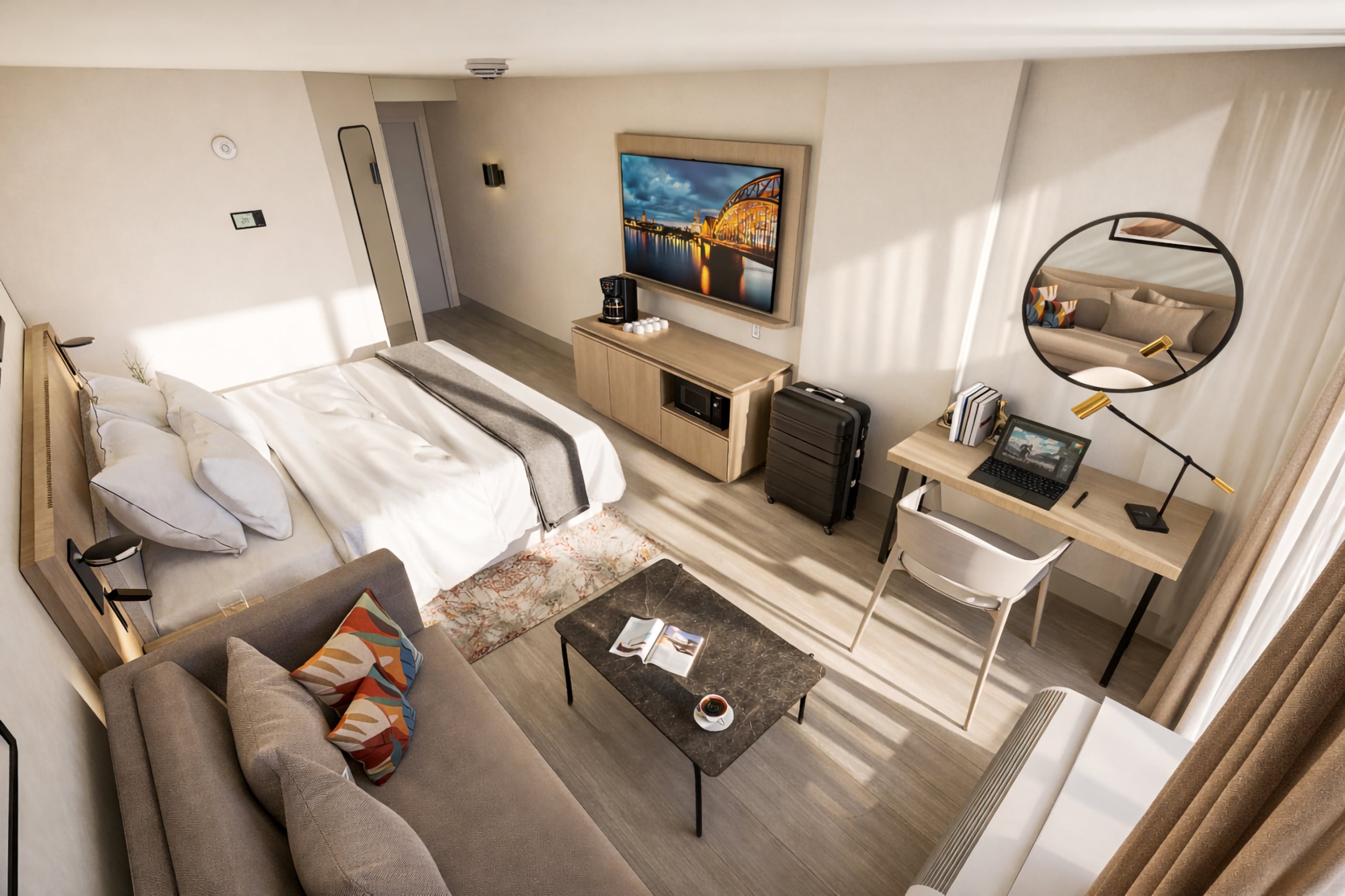 A modern hotel room features a bed, sofa, workstation with laptop, and TV showing a night bridge. Sunlight fills light wood and white walls; a thermostat reads "20".