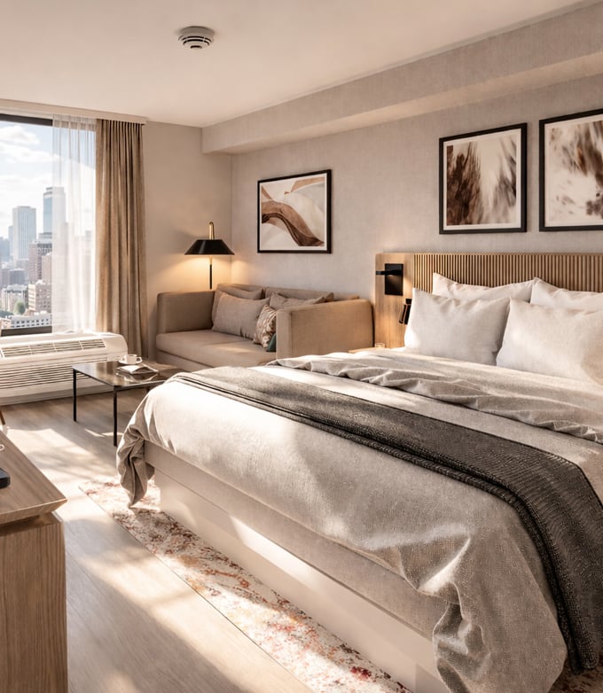 A modern hotel room features a large bed, a sofa, and abstract art. Sunlight illuminates the space with a city skyline visible through the window.