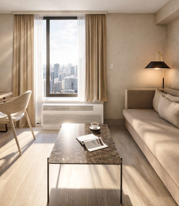 A modern living area displays a beige sofa and a dark marble coffee table with an open magazine and coffee. Sunlight fills the room through a large window overlooking a city skyline.