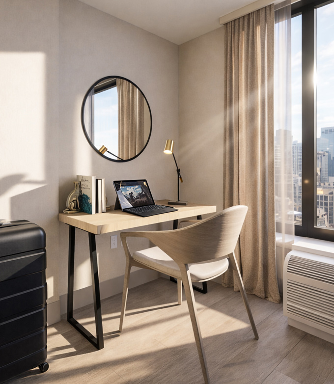 A light-wood desk with an open laptop and lamp faces a city view through a large, sunlit window. A modern chair and round mirror complete the contemporary room.