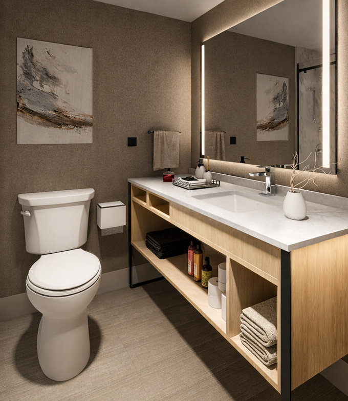 A modern bathroom showcases a white toilet, light wood vanity with a sink, and a large lighted mirror. Textured beige walls and tiled floor complete the space.