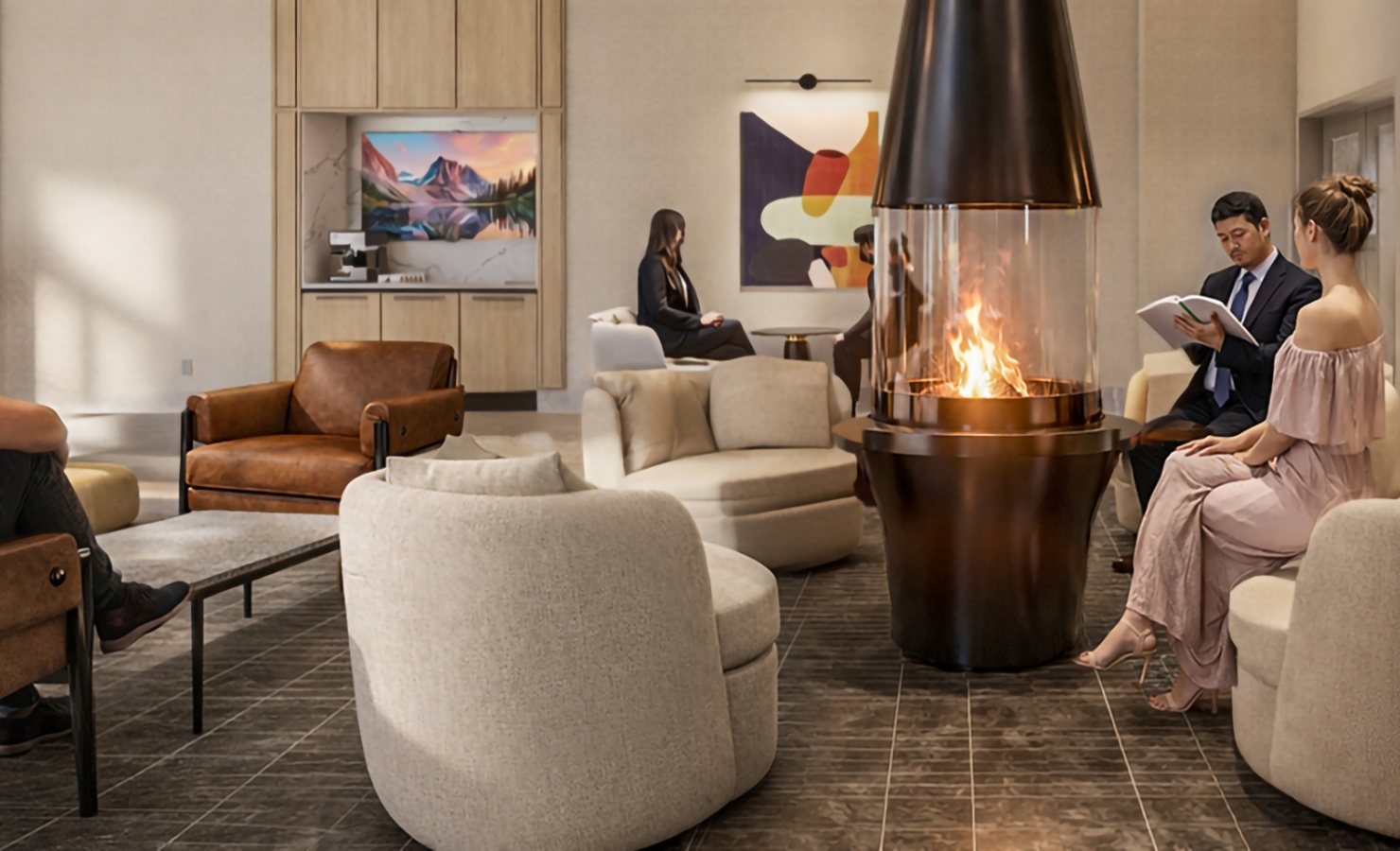 People relax in a modern lounge around a central glass fireplace. They sit in stylish chairs and sofas, with a refreshment station visible in the background.
