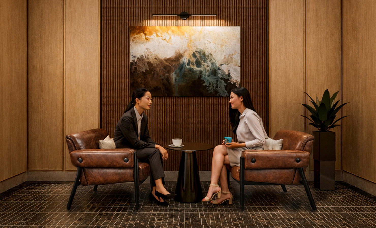 Two women converse across a small table with drinks, seated in brown leather armchairs. They are in a room with warm wooden walls, an abstract painting, and a tiled floor.