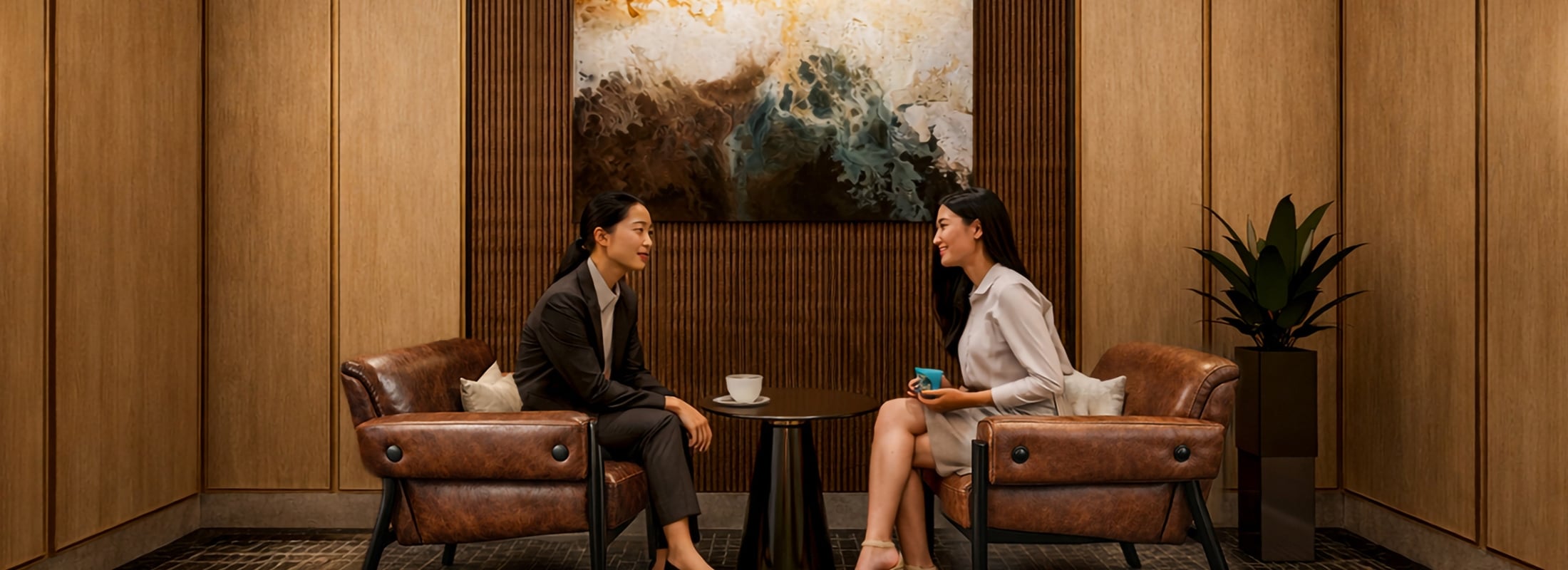 Two women converse across a small table with drinks, seated in brown leather armchairs. They are in a room with warm wooden walls, an abstract painting, and a tiled floor.