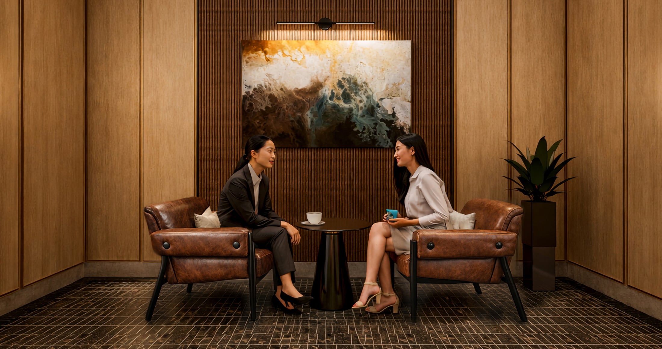 Two women converse across a small table with drinks, seated in brown leather armchairs. They are in a room with warm wooden walls, an abstract painting, and a tiled floor.