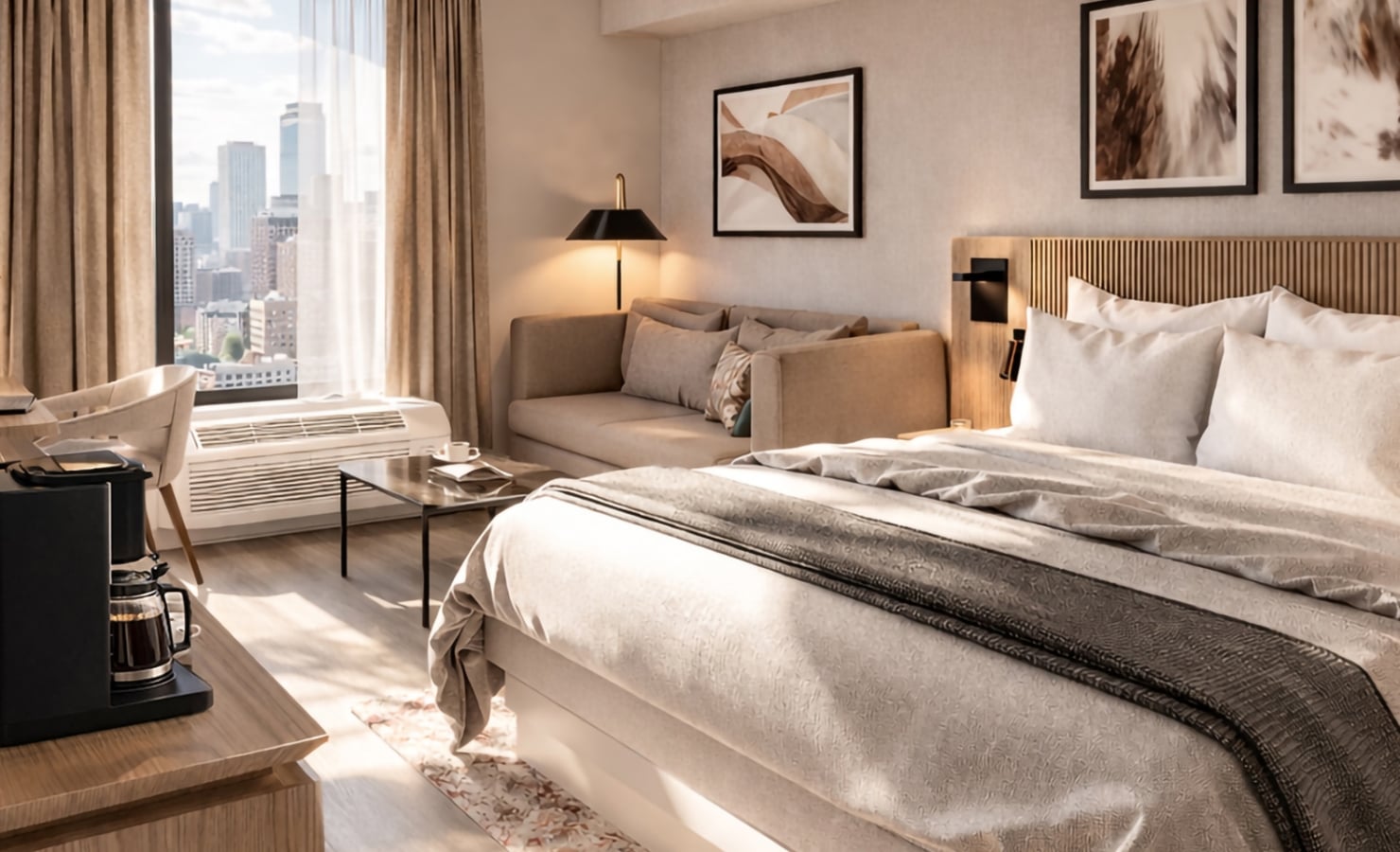 A modern hotel room is well-appointed with a large bed, sofa, and desk. Sunlight streams from a window revealing a city skyline, with a coffee maker visible on a table.