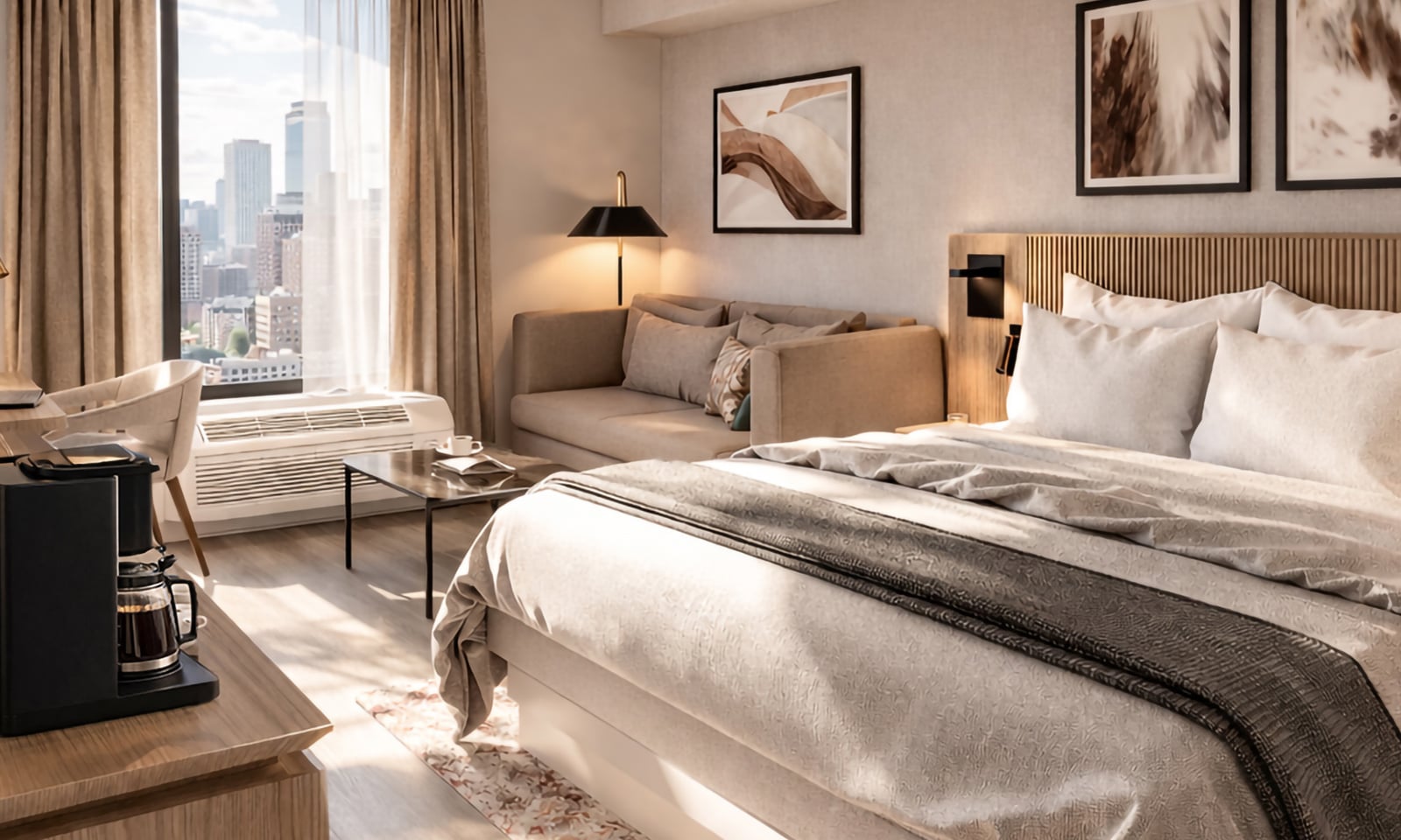 A modern hotel room is well-appointed with a large bed, sofa, and desk. Sunlight streams from a window revealing a city skyline, with a coffee maker visible on a table.