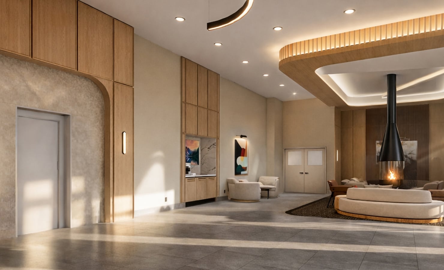 A modern lobby features a burning suspended fireplace and plush seating. Warm-toned walls, wood paneling, and two elevator doors define this inviting interior.