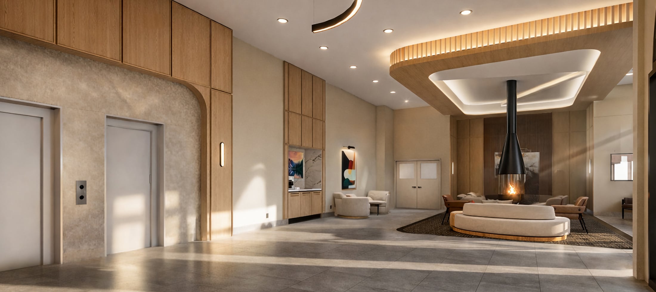 A modern lobby features a burning suspended fireplace and plush seating. Warm-toned walls, wood paneling, and two elevator doors define this inviting interior.