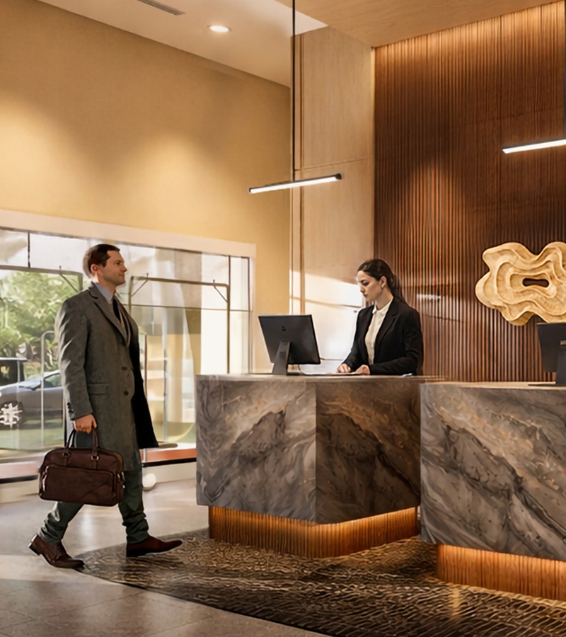 A man in a coat with a briefcase walks past a woman working at a marbled reception desk in a modern hotel lobby with warm lighting.