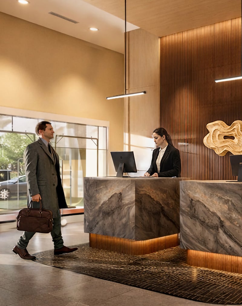 A man in a coat with a briefcase walks past a woman working at a marbled reception desk in a modern hotel lobby with warm lighting.