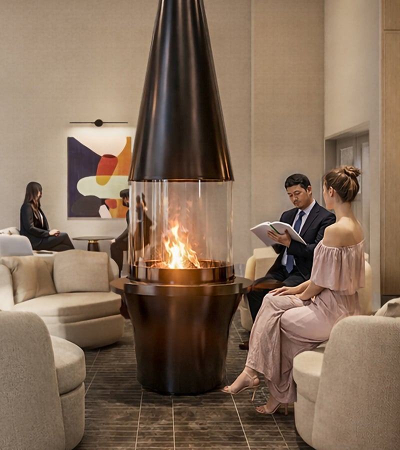 A black, conical fireplace with visible flames is central in a modern lounge. A man reads a book near a woman, while another sits on a sofa.