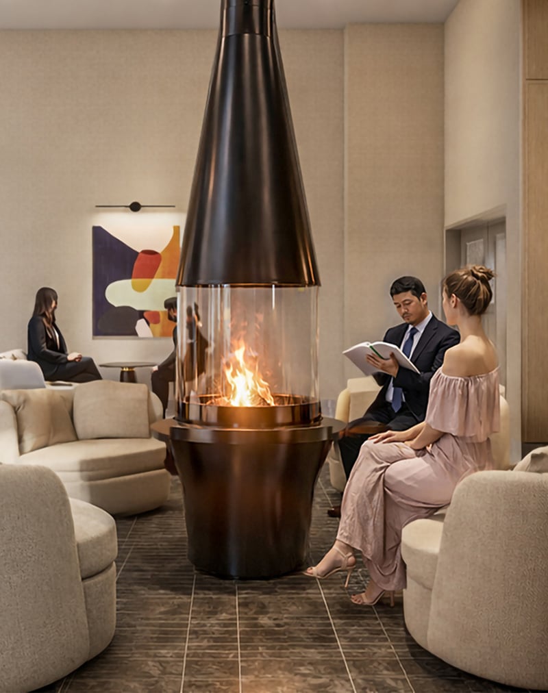 A black, conical fireplace with visible flames is central in a modern lounge. A man reads a book near a woman, while another sits on a sofa.