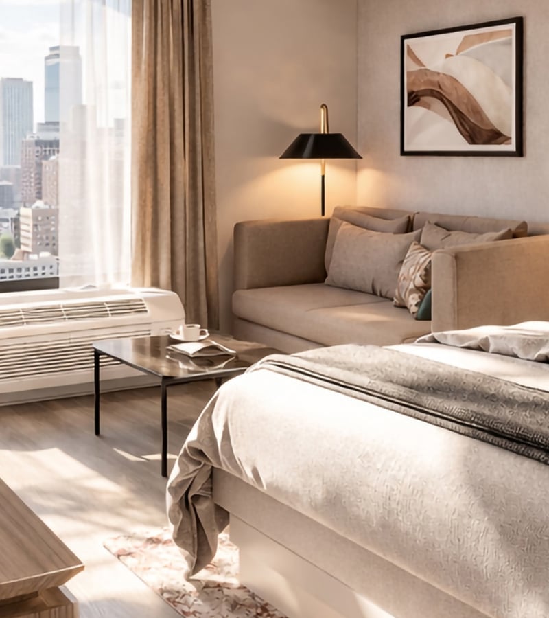 Modern hotel room features a neatly made bed, beige sofa, and a wall-mounted lamp. A large window overlooks a city skyline, with sunlight illuminating the room.