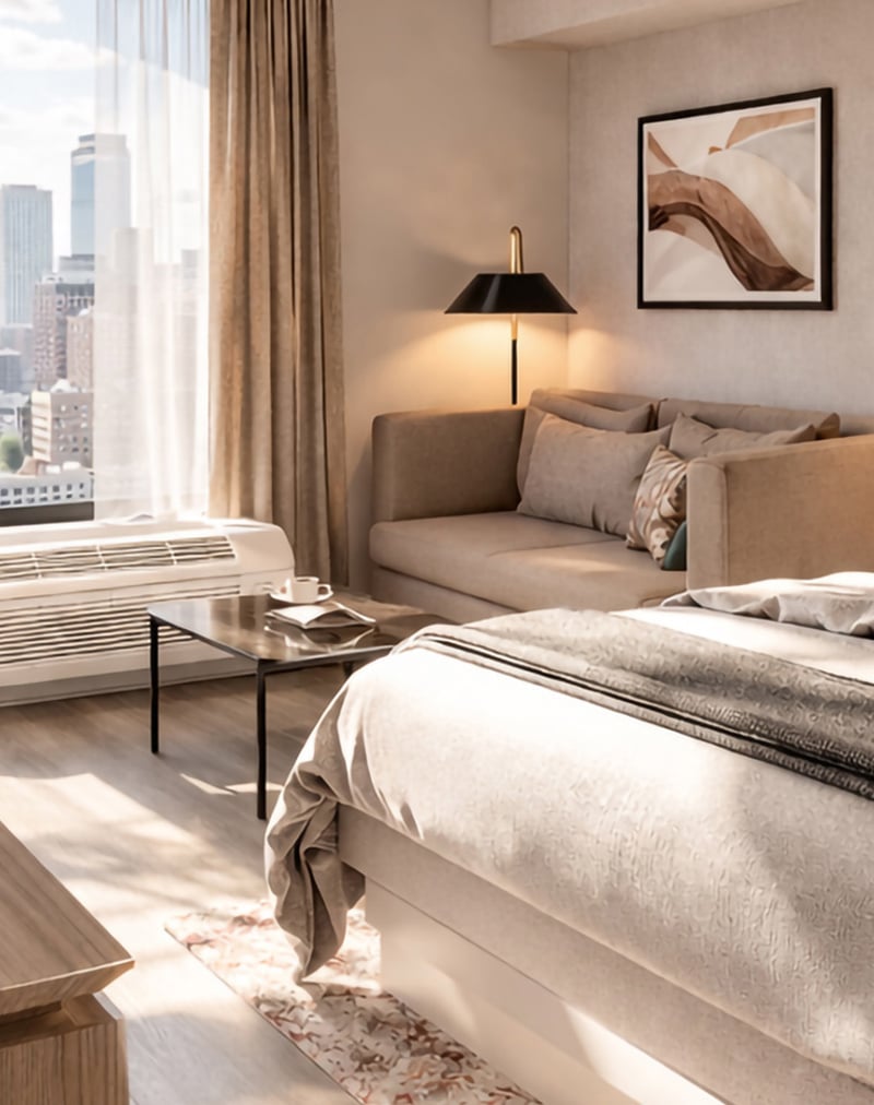 Modern hotel room features a neatly made bed, beige sofa, and a wall-mounted lamp. A large window overlooks a city skyline, with sunlight illuminating the room.