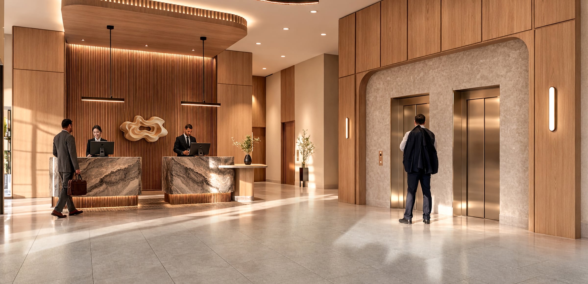 A man with a briefcase walks towards marble reception desks staffed by two people in a modern wood-paneled lobby. Another man waits at two shiny elevators.