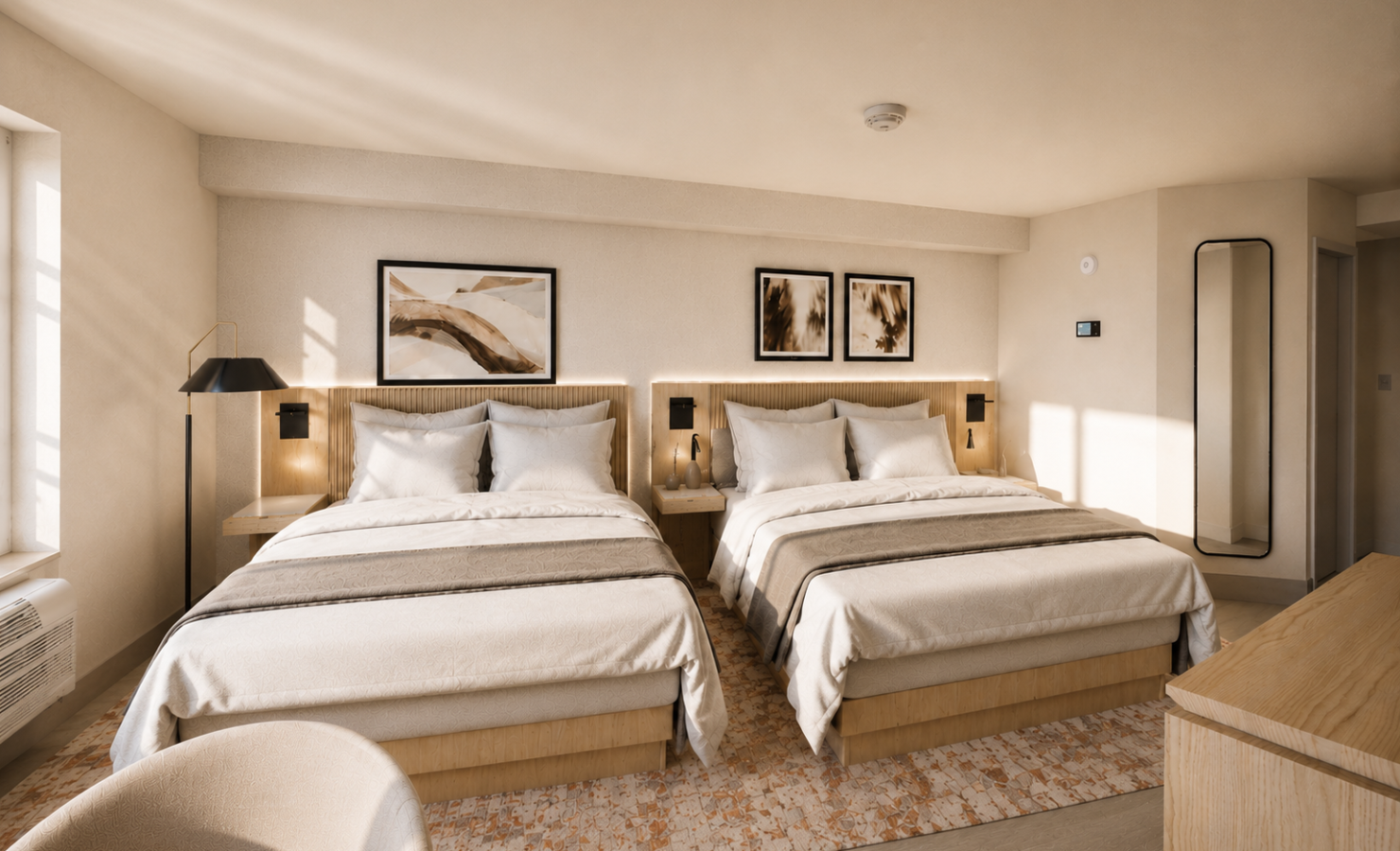 Two queen-sized beds are neatly made with neutral bedding and throw blankets in a modern hotel room featuring warm lighting, framed art, and a patterned rug.