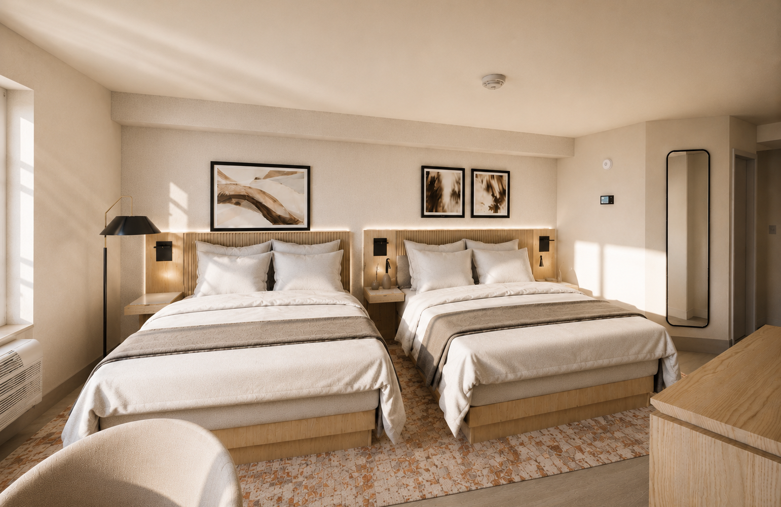 Two queen-sized beds are neatly made with neutral bedding and throw blankets in a modern hotel room featuring warm lighting, framed art, and a patterned rug.