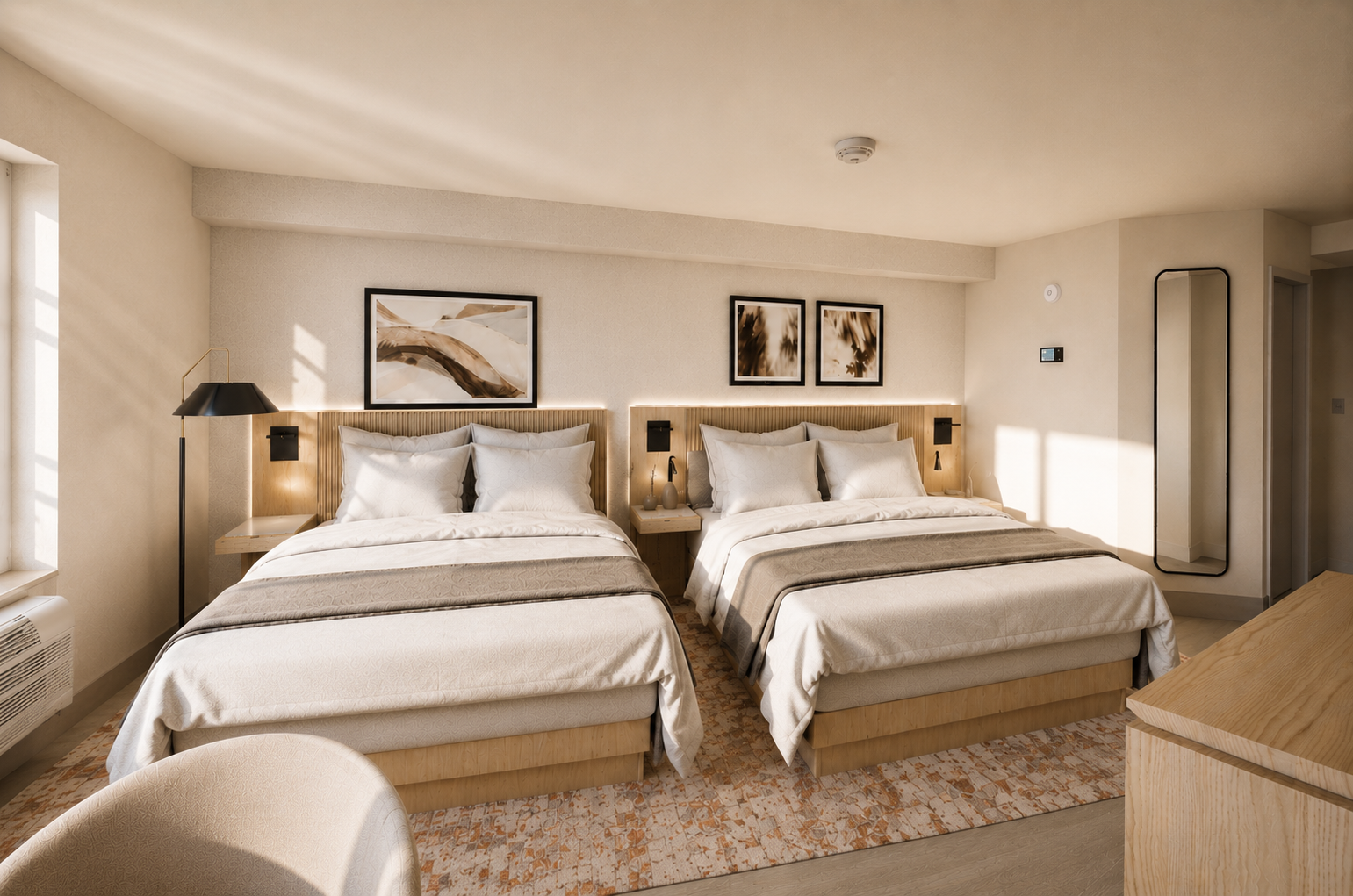 Two queen-sized beds are neatly made with neutral bedding and throw blankets in a modern hotel room featuring warm lighting, framed art, and a patterned rug.