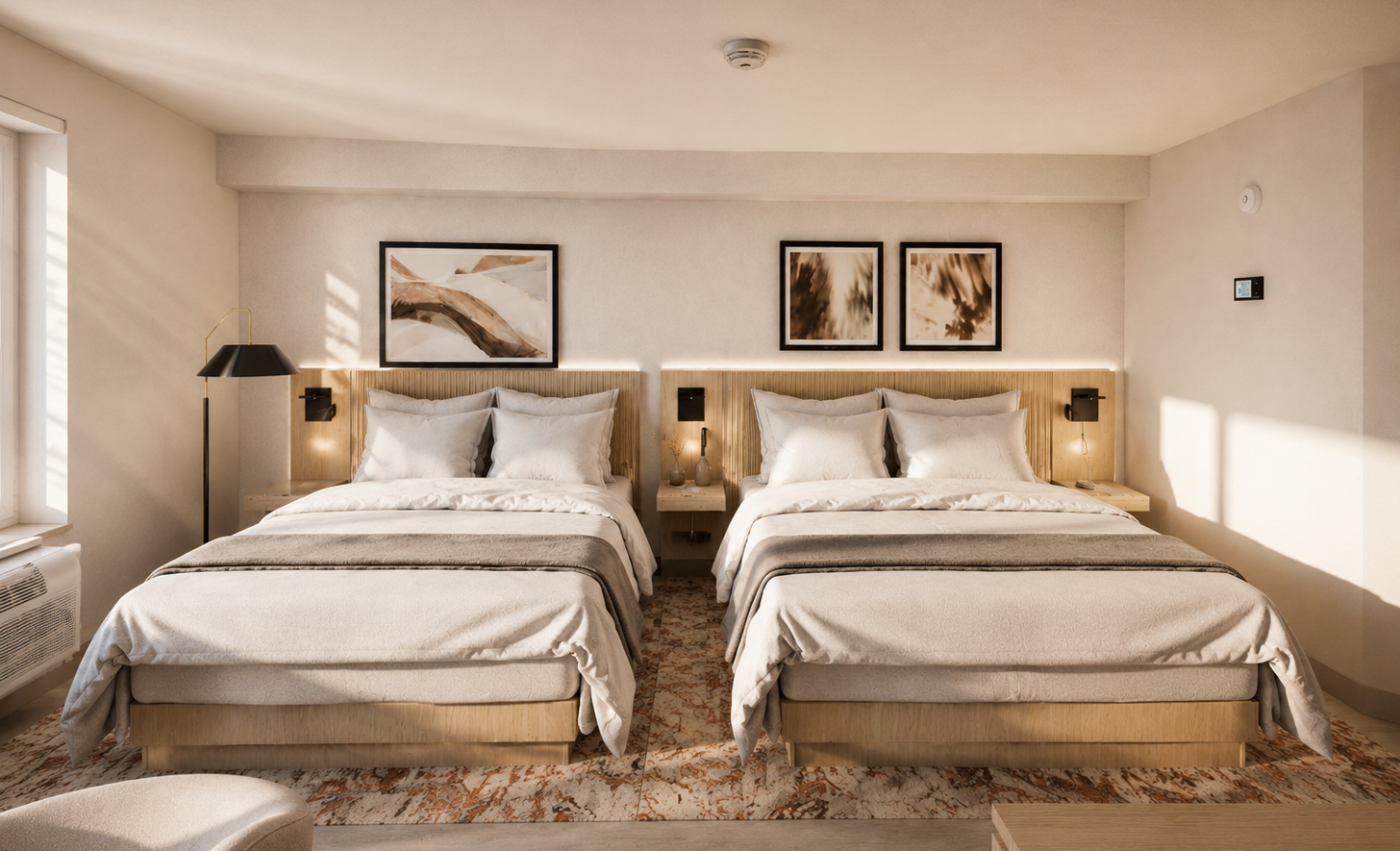 Two neatly made queen beds occupy a modern hotel room. Sunlight streams through a window, highlighting the abstract artwork above wooden headboards and a plush rug.