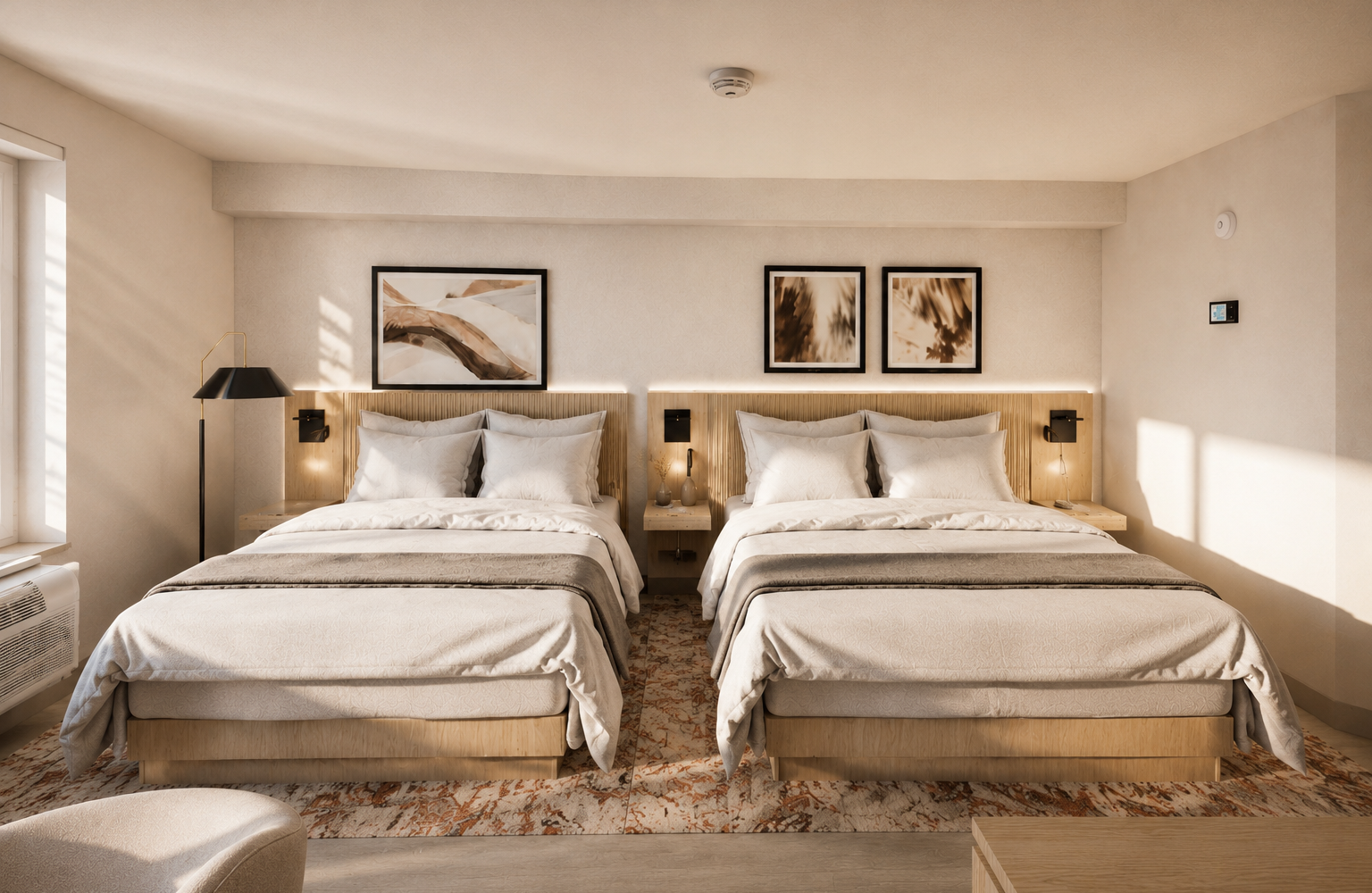 Two neatly made queen beds occupy a modern hotel room. Sunlight streams through a window, highlighting the abstract artwork above wooden headboards and a plush rug.