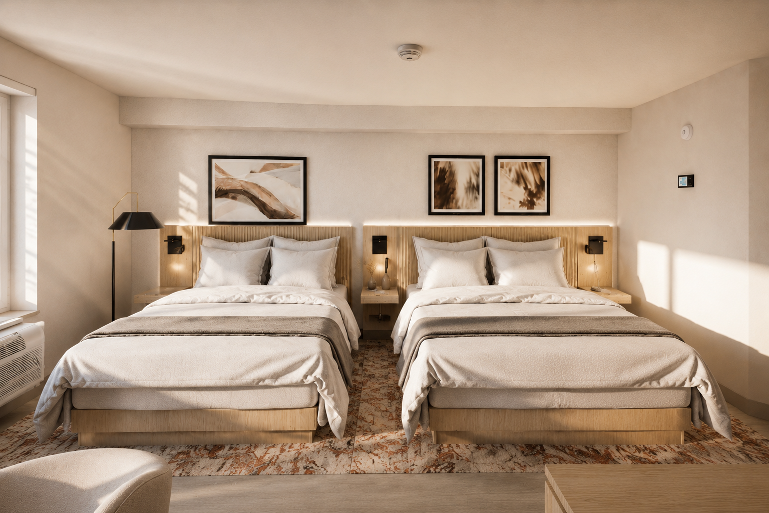 Two neatly made queen beds occupy a modern hotel room. Sunlight streams through a window, highlighting the abstract artwork above wooden headboards and a plush rug.