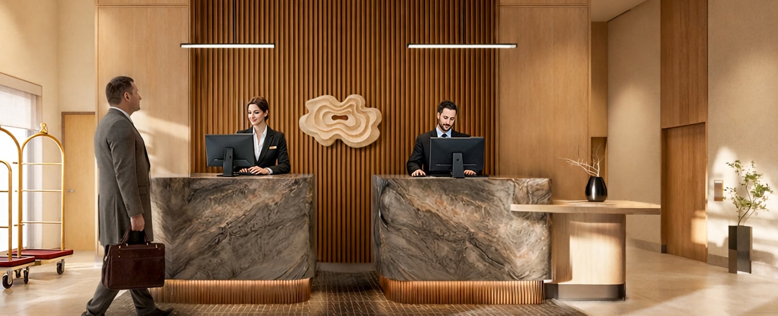 A man with a briefcase approaches a marbled reception desk, where two smiling staff members work on computers in a modern hotel lobby.