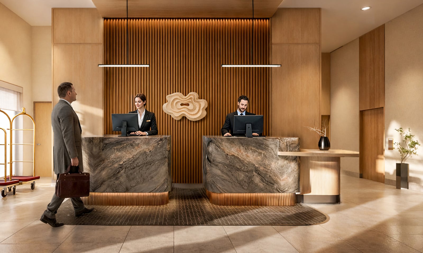 A man with a briefcase approaches a marbled reception desk, where two smiling staff members work on computers in a modern hotel lobby.