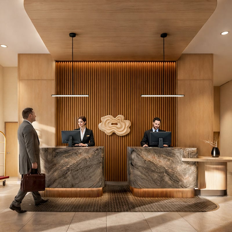 A man walks towards two hotel receptionists seated behind marble desks in a modern lobby with wooden slat walls and a decorative wooden sculpture.