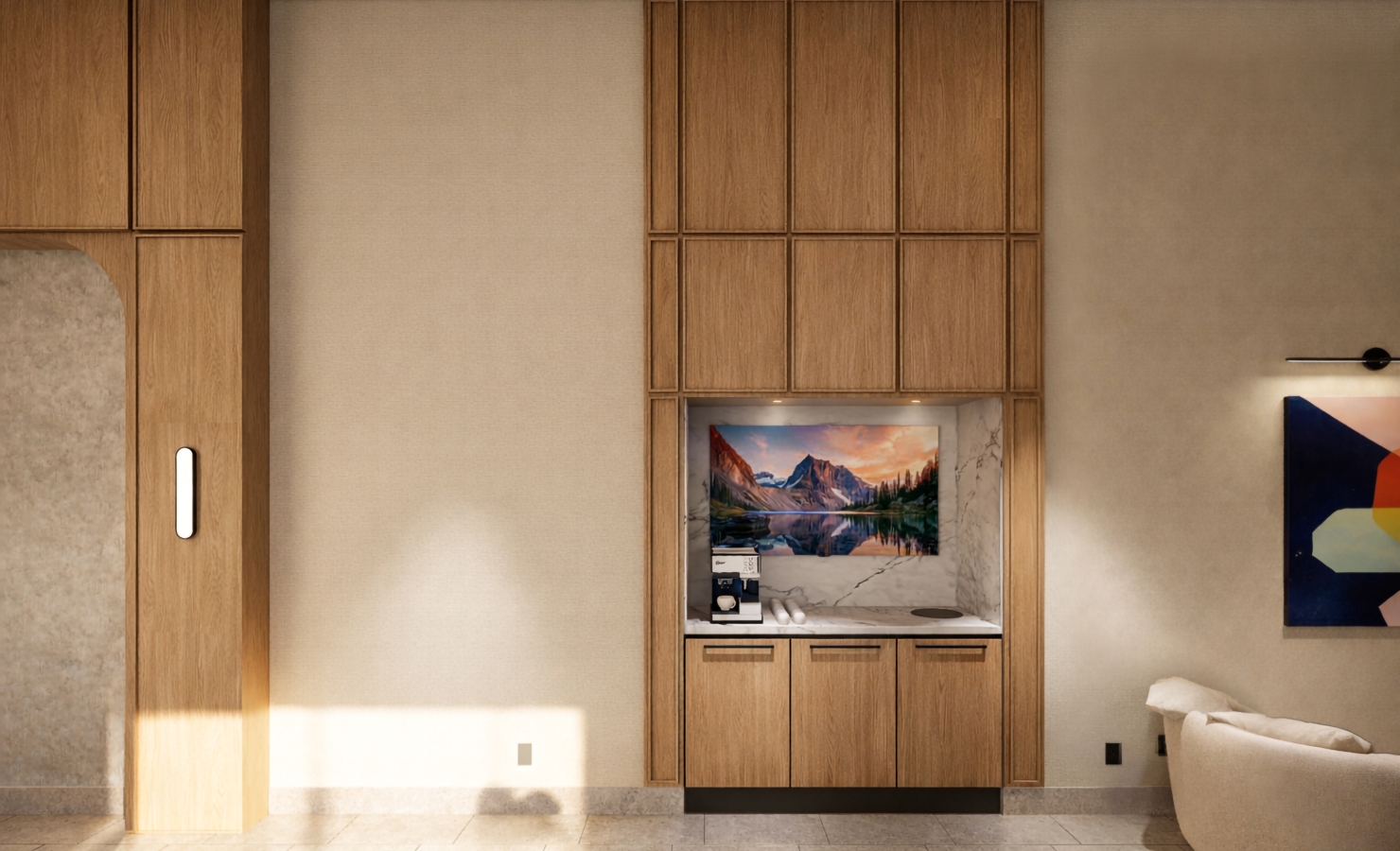 Wooden built-in cabinetry along a beige wall, with a central open display containing a framed mountain landscape photo and small items on the counter below.