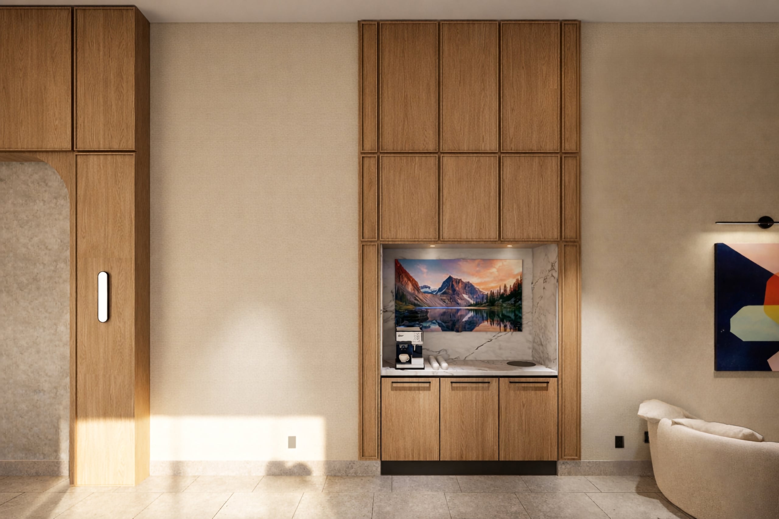 Wooden built-in cabinetry along a beige wall, with a central open display containing a framed mountain landscape photo and small items on the counter below.