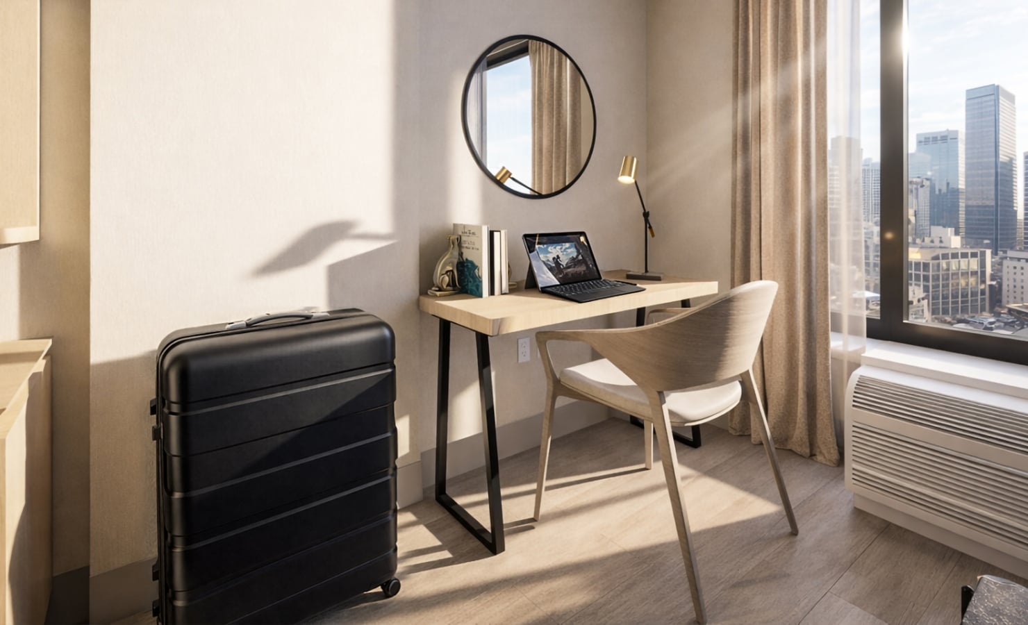 A black laptop sits open on a modern wooden desk with a lamp and chair. A black suitcase rests nearby in a brightly lit room overlooking a city skyline.