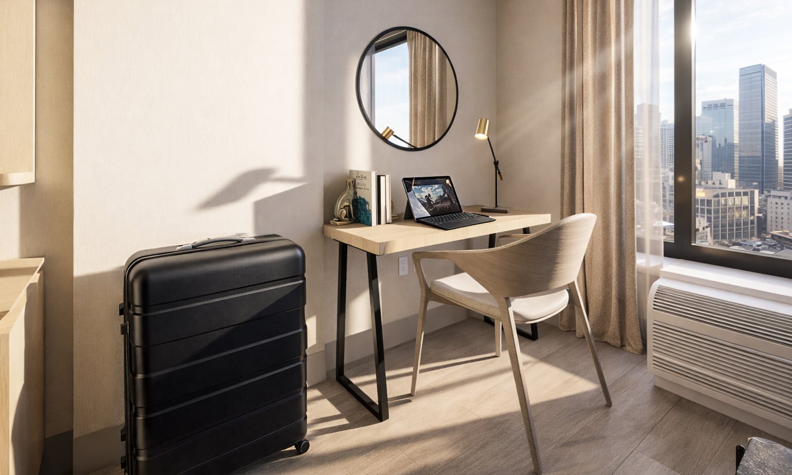 A black laptop sits open on a modern wooden desk with a lamp and chair. A black suitcase rests nearby in a brightly lit room overlooking a city skyline.