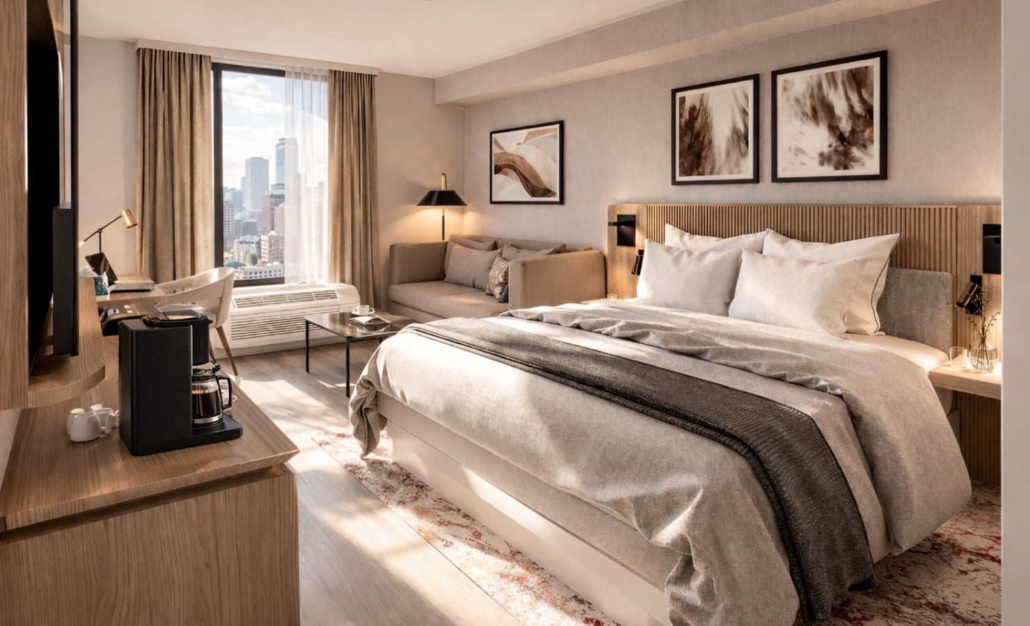 A modern hotel room features a neatly made bed, a desk with a laptop, and a sofa, all bathed in daylight from a window overlooking a city skyline.