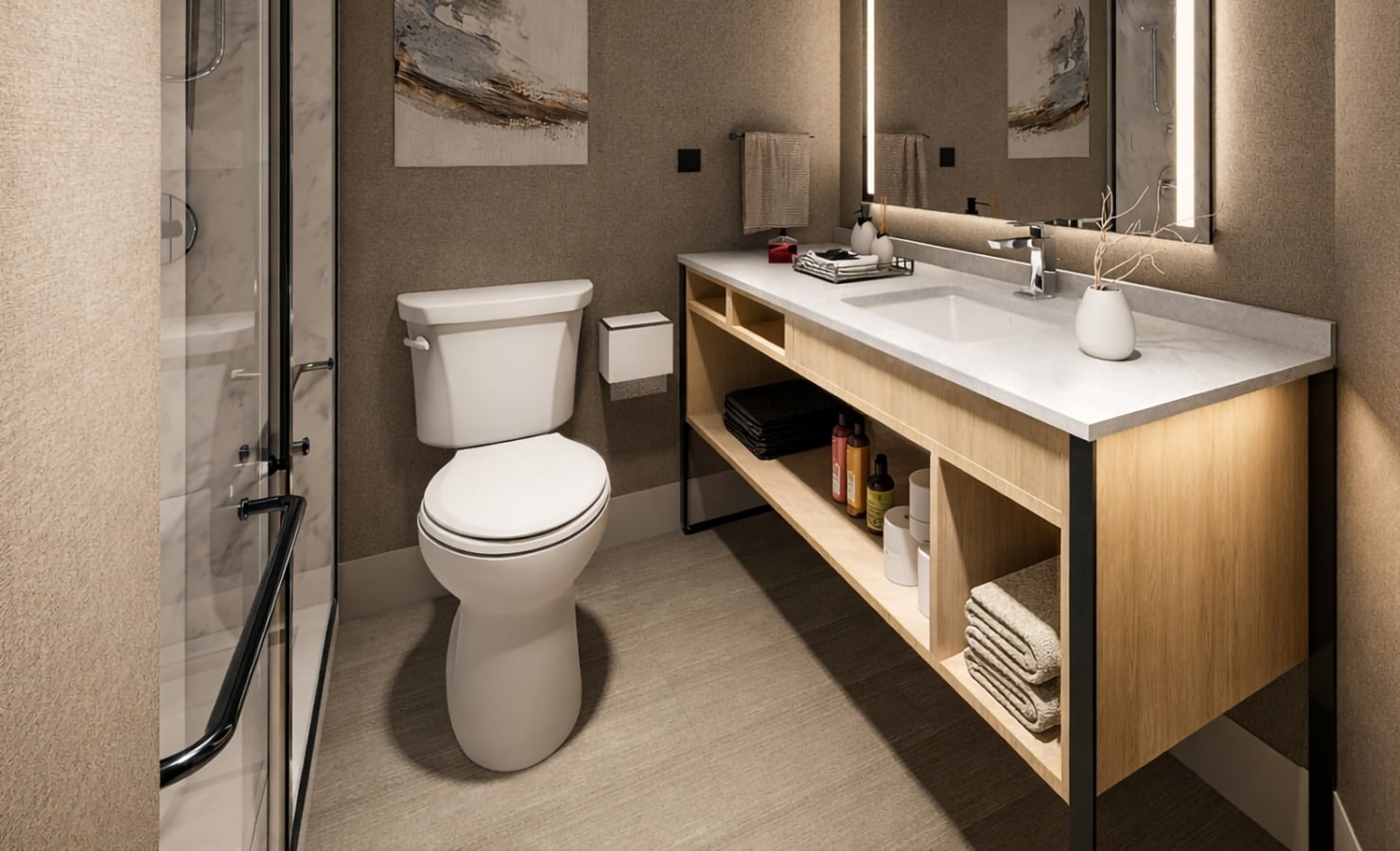 A modern bathroom showcases a white toilet and a light wood vanity with a sink. It includes a backlit mirror, toiletries, and a glass shower stall on the left.