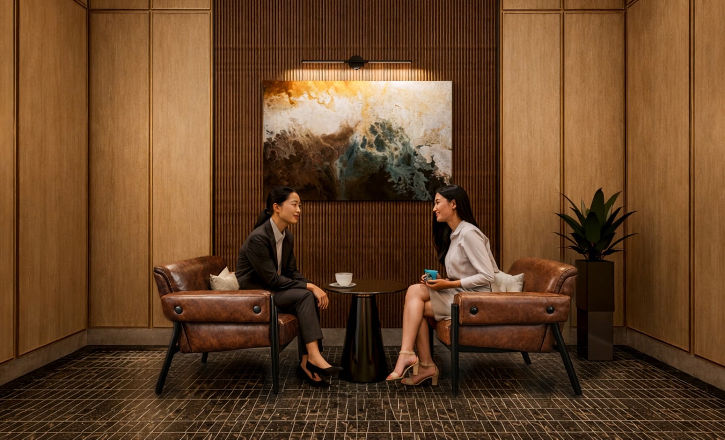 Two women converse while seated in brown leather armchairs, facing each other with a small table between them, in a modern lounge with wood-paneled walls and an abstract painting.