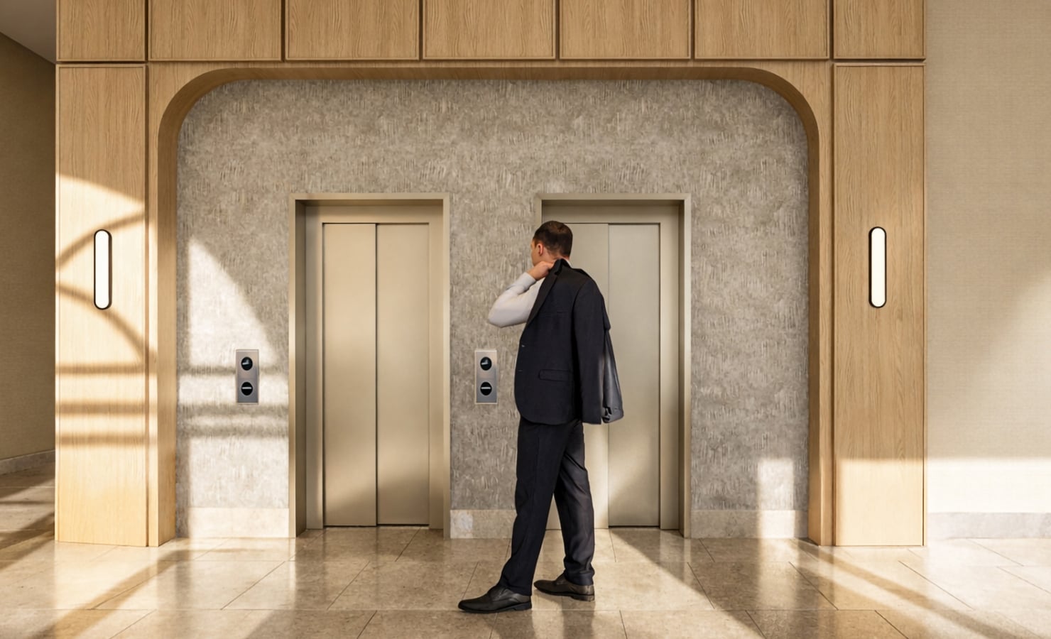 A man in a dark suit carries his jacket while looking over his shoulder, walking away from two beige elevators in a modern hallway featuring light wood and textured grey walls.