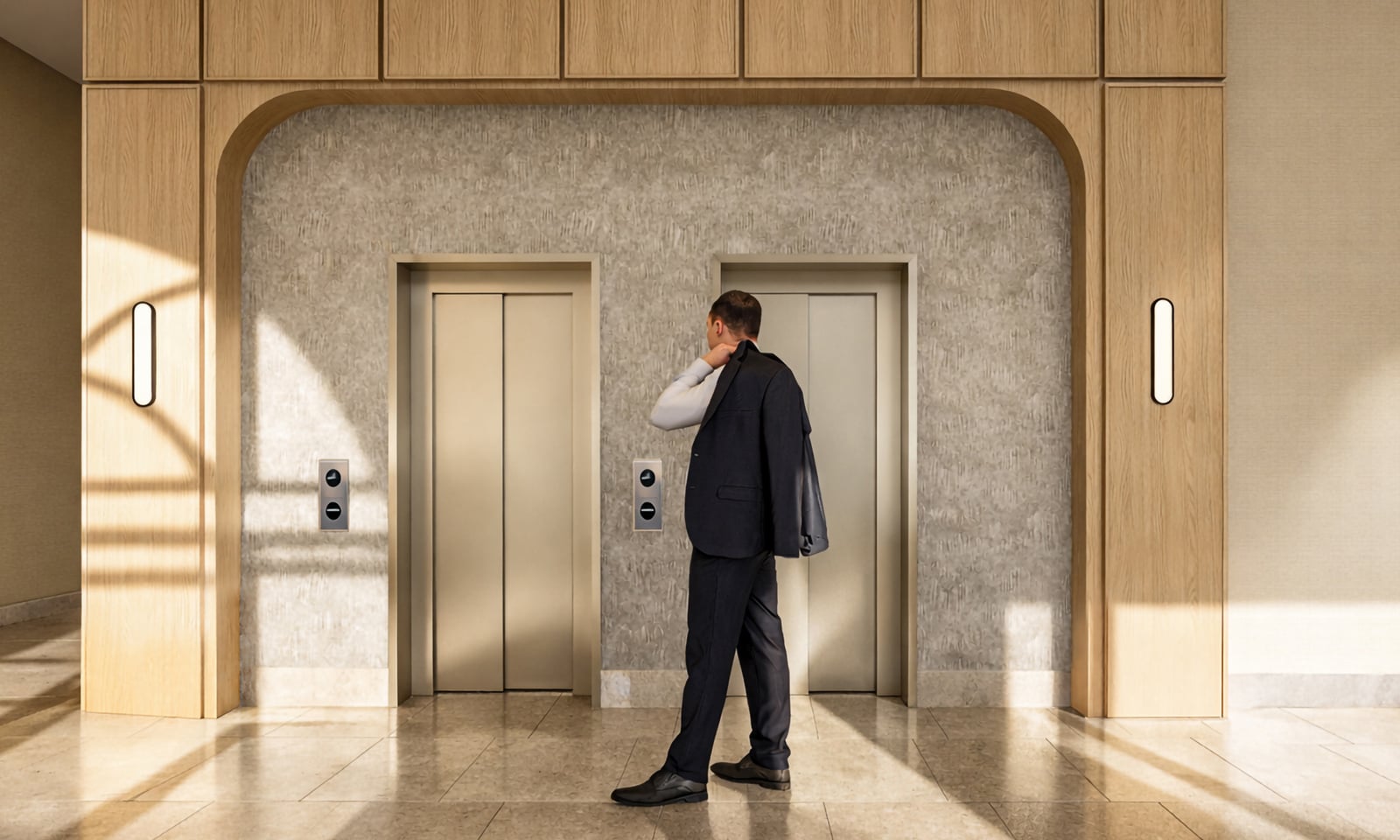 A man in a dark suit carries his jacket while looking over his shoulder, walking away from two beige elevators in a modern hallway featuring light wood and textured grey walls.