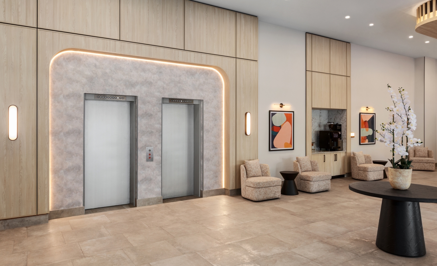 Wood-paneled elevator lobby with two metal doors and a soft illuminated rounded surround edge of the elevator area